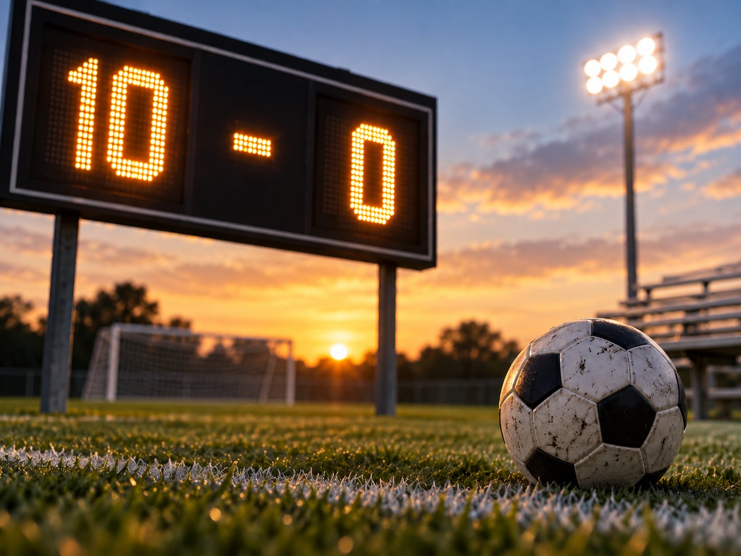 A soccer scoreboard showing a 10–0 result at sunset, representing the difference between winning and meaningful player development.