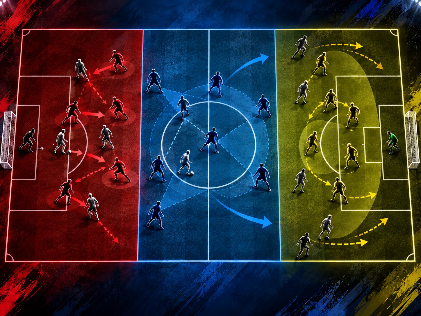 An abstract soccer field divided into three defensive zones, illustrating pressing, midfield protection, and defensive blocking through player positioning and movement.