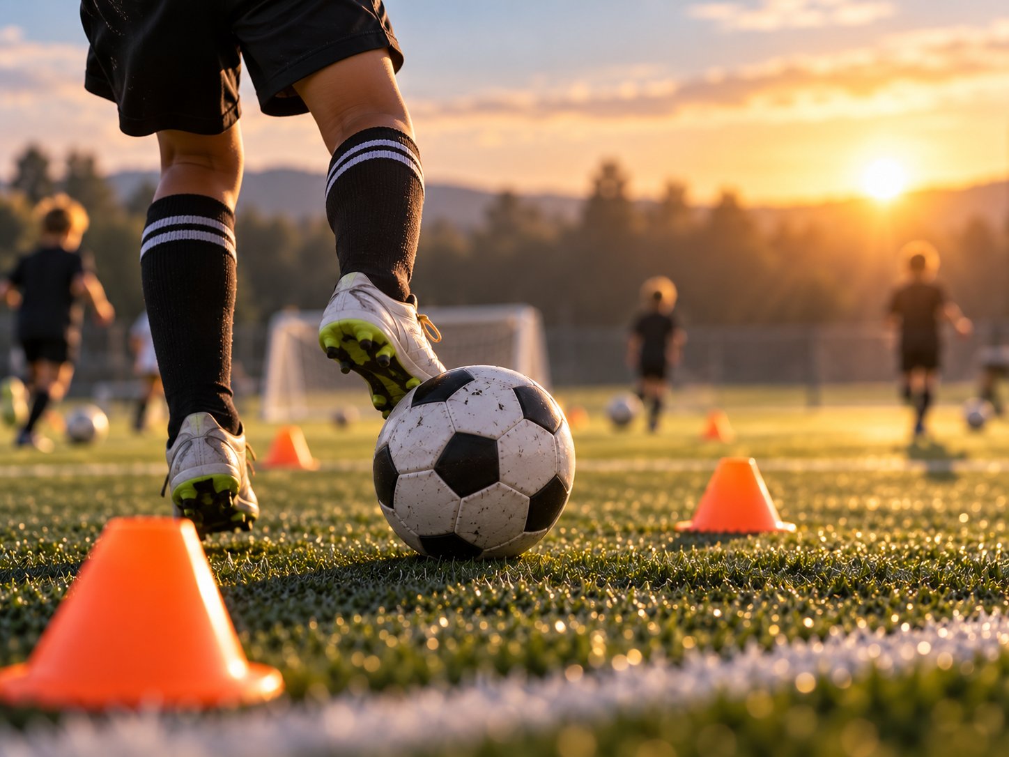 A young soccer player practicing first-touch ball control during a structured training session with cones and other players in the background.